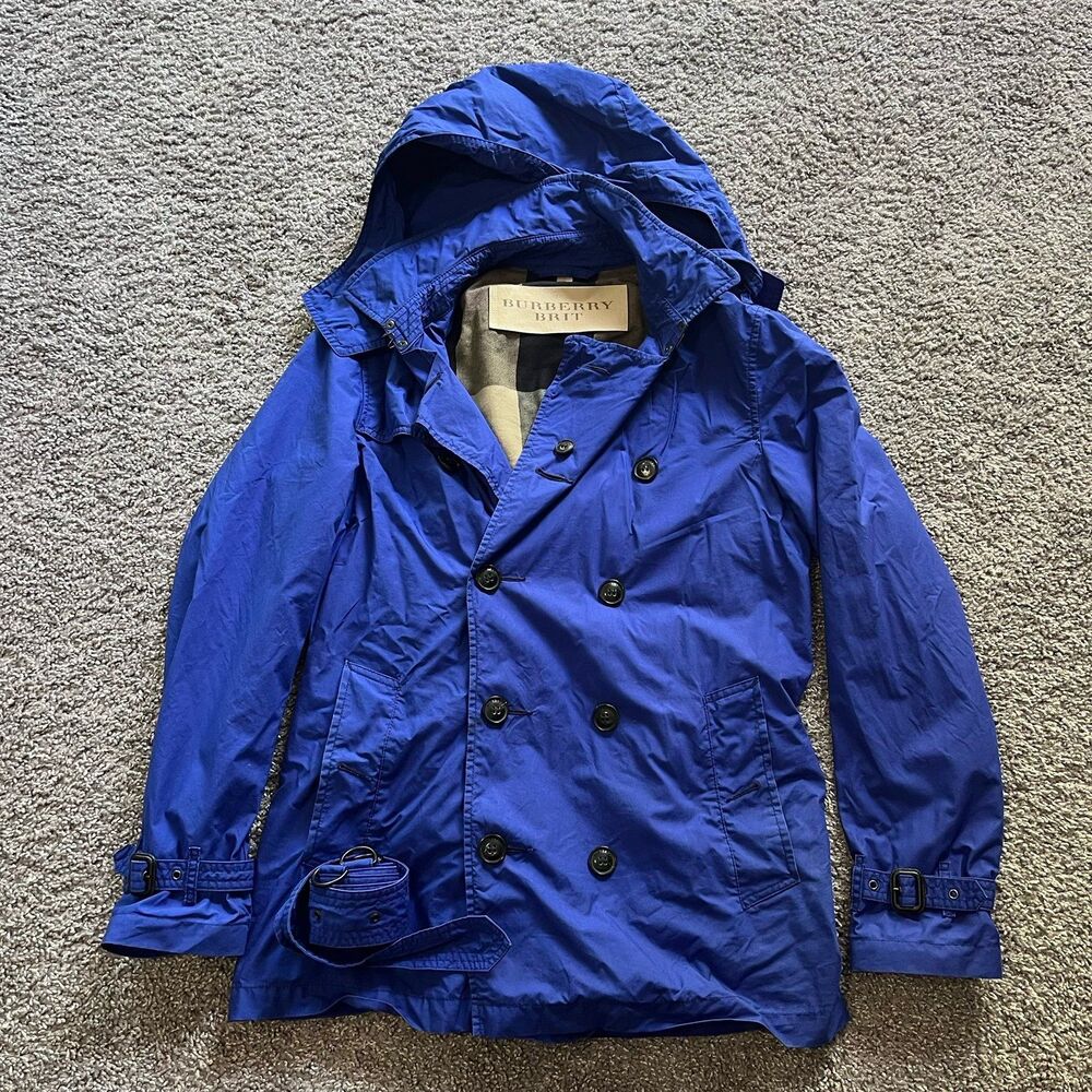 Burberry Blue Hooded Double-Breasted Trench Coat